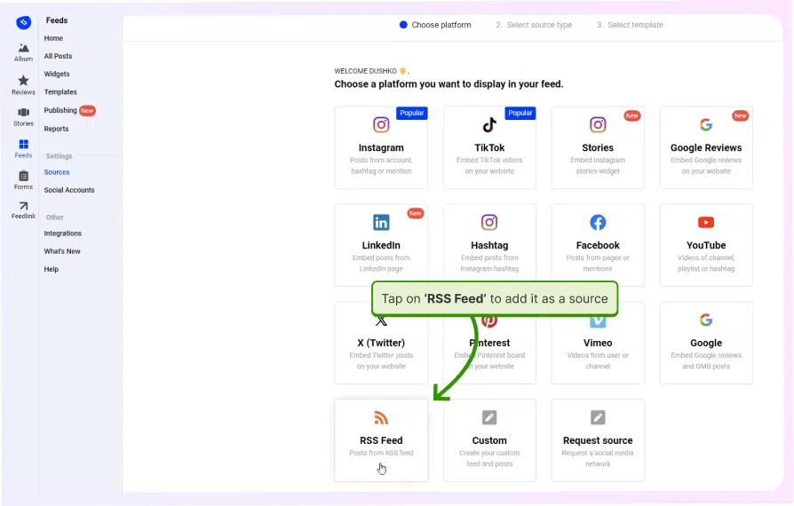 adicionando uma fonte rss no embedsocial
